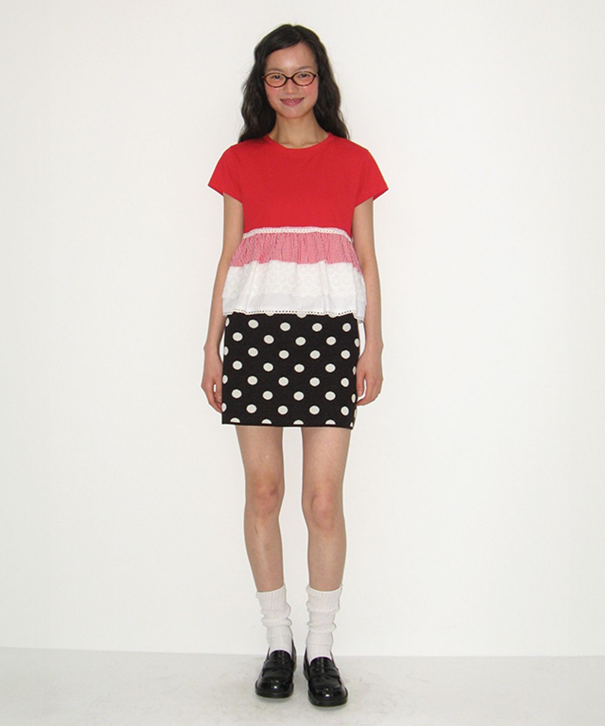 론론(RONRON) DOT PATTERN BANDING KNIT MINI SKIRT BLACK WHITE DOT