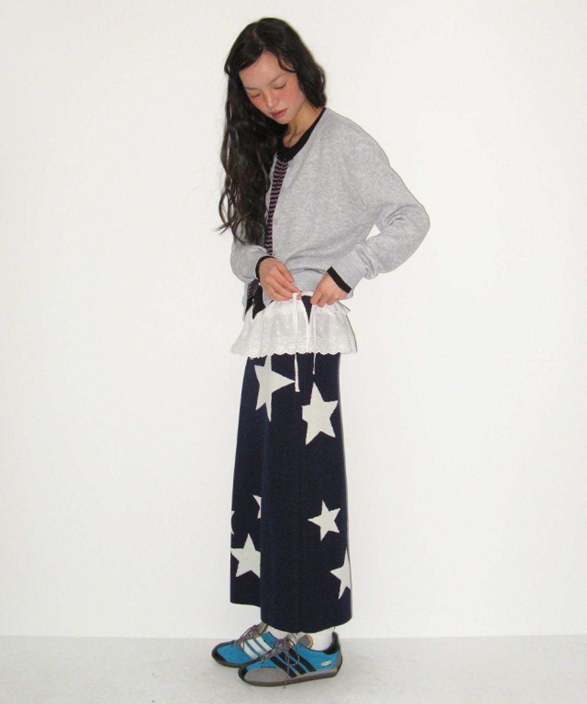 론론(RONRON) STAR PATTERN BANDING KNIT LONG SKIRT NAVY