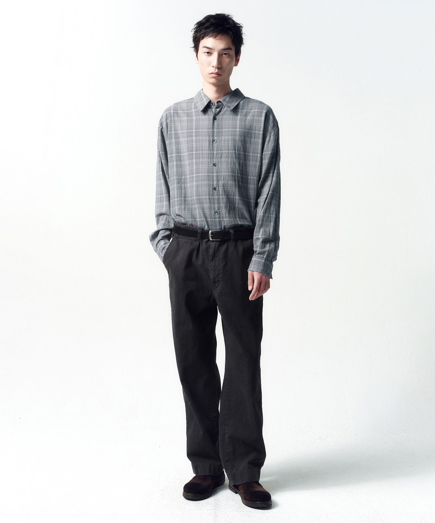 MUSINSA | INSILENCE Damaged Sheer Check Shirt GREY