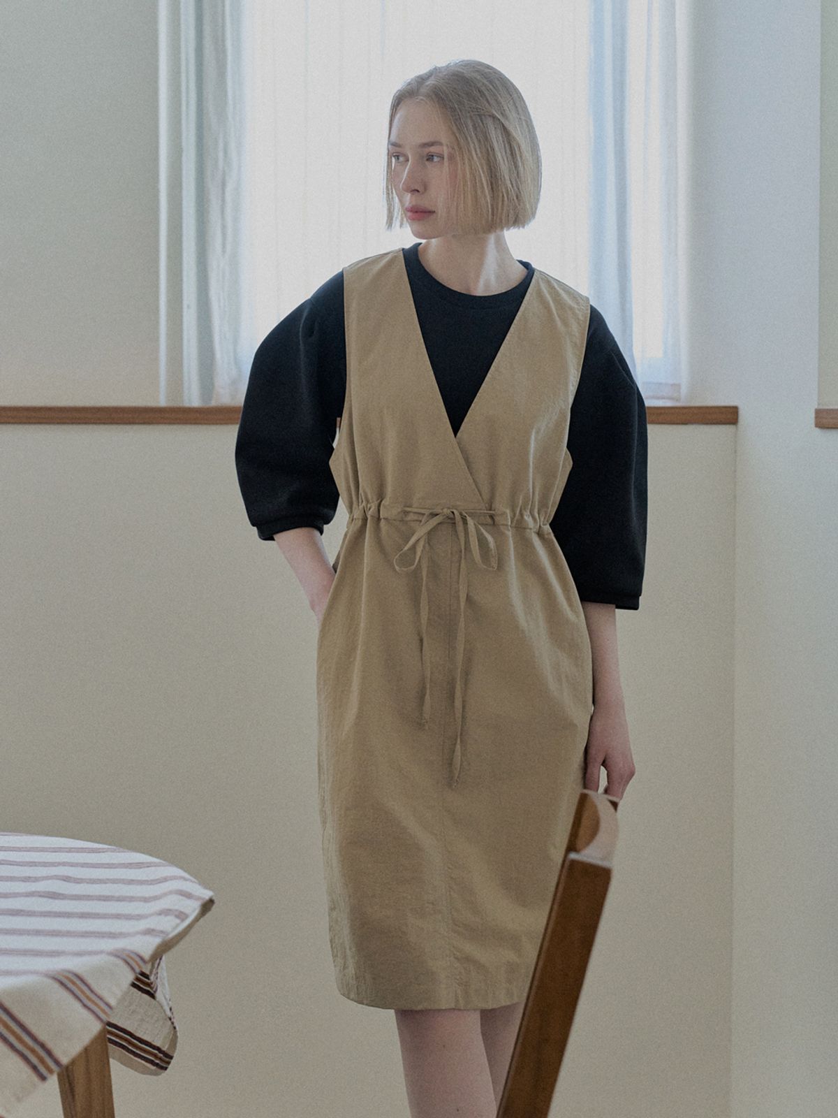 아방(AVANT-G) Waist string sleeveless dress - BEIGE