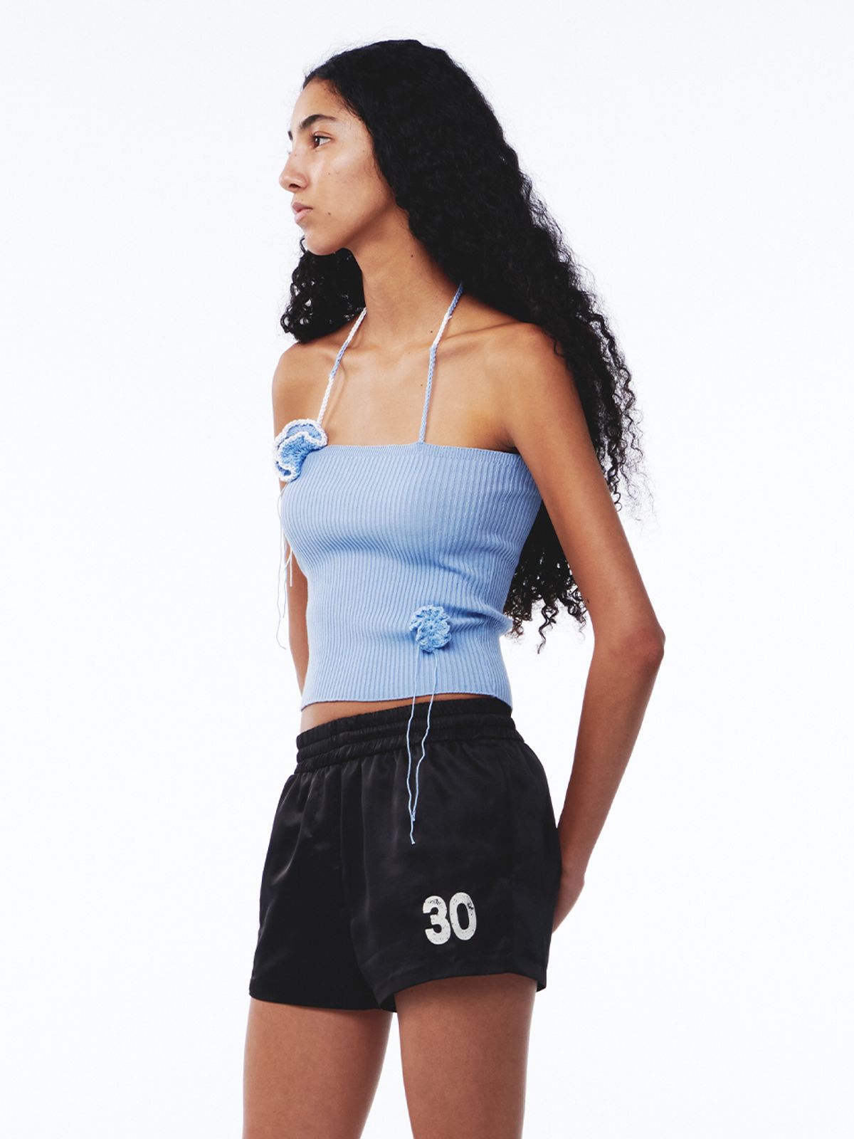 기준(KIJUN) Crochet Knit Tube Top Dusty Blue