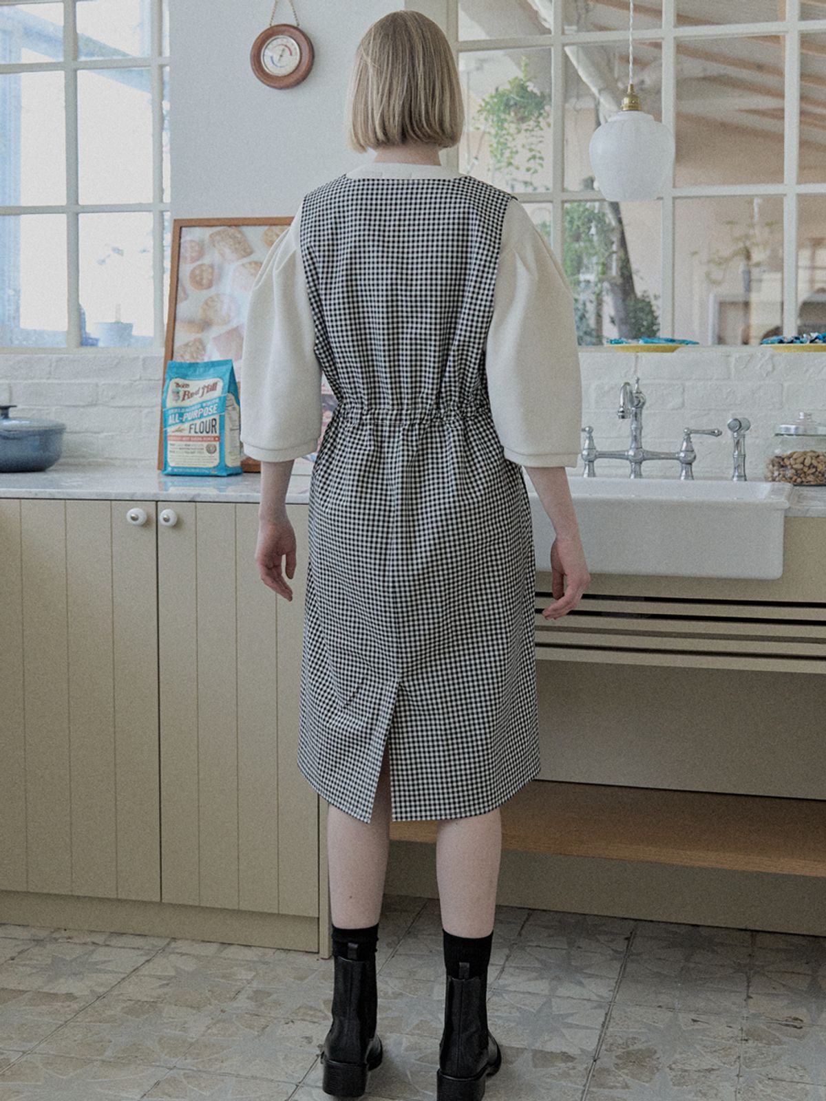 아방(AVANT-G) Check Waist string dress - BLACK