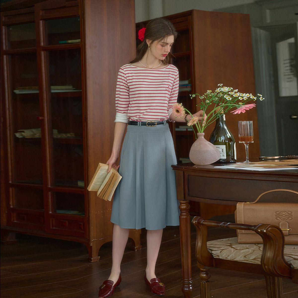심플레트로(SIMPLE RETRO) SR_Cat embroidery striped top_2color
