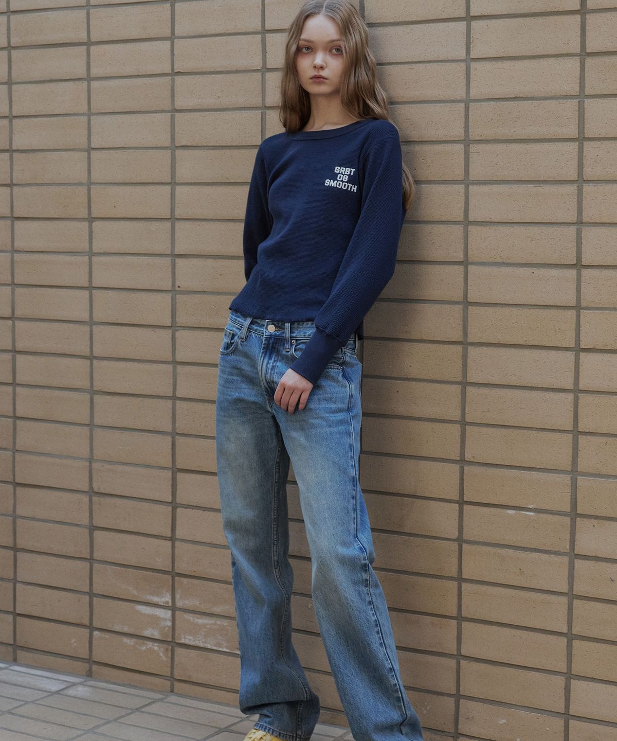 그린버터(GREENBUTTER) Waffle Long Sleeve Tee (Navy)