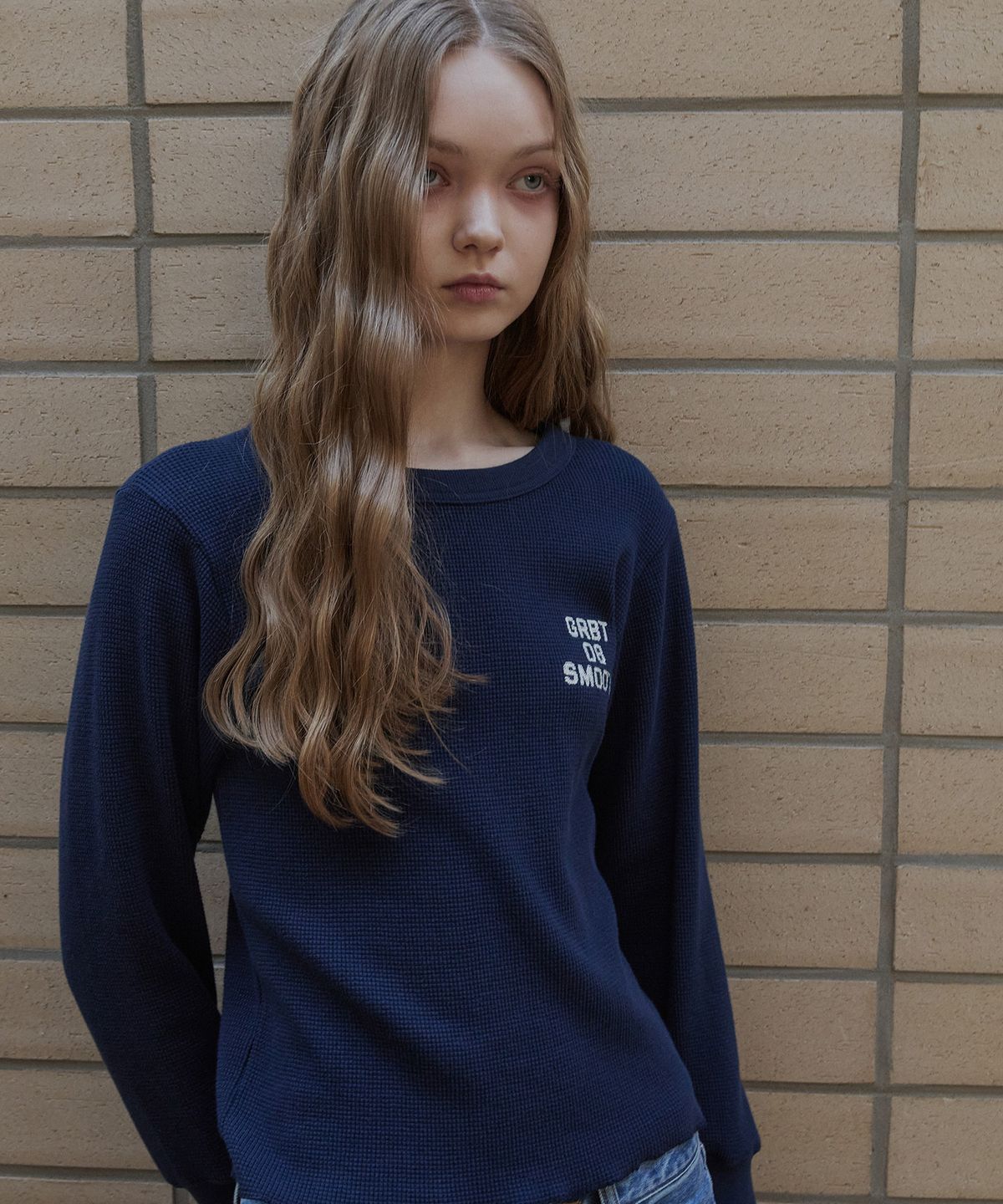 그린버터(GREENBUTTER) Waffle Long Sleeve Tee (Navy)