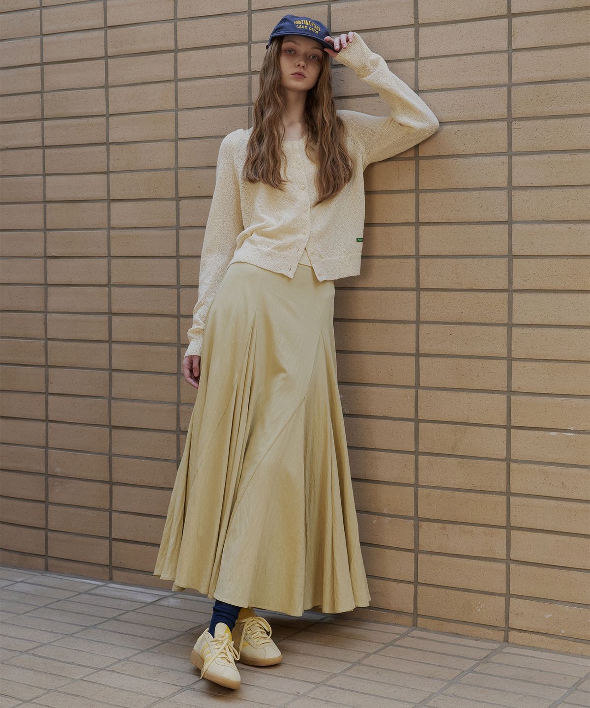 그린버터(GREENBUTTER) Flare Section Long Skirt (Olive)