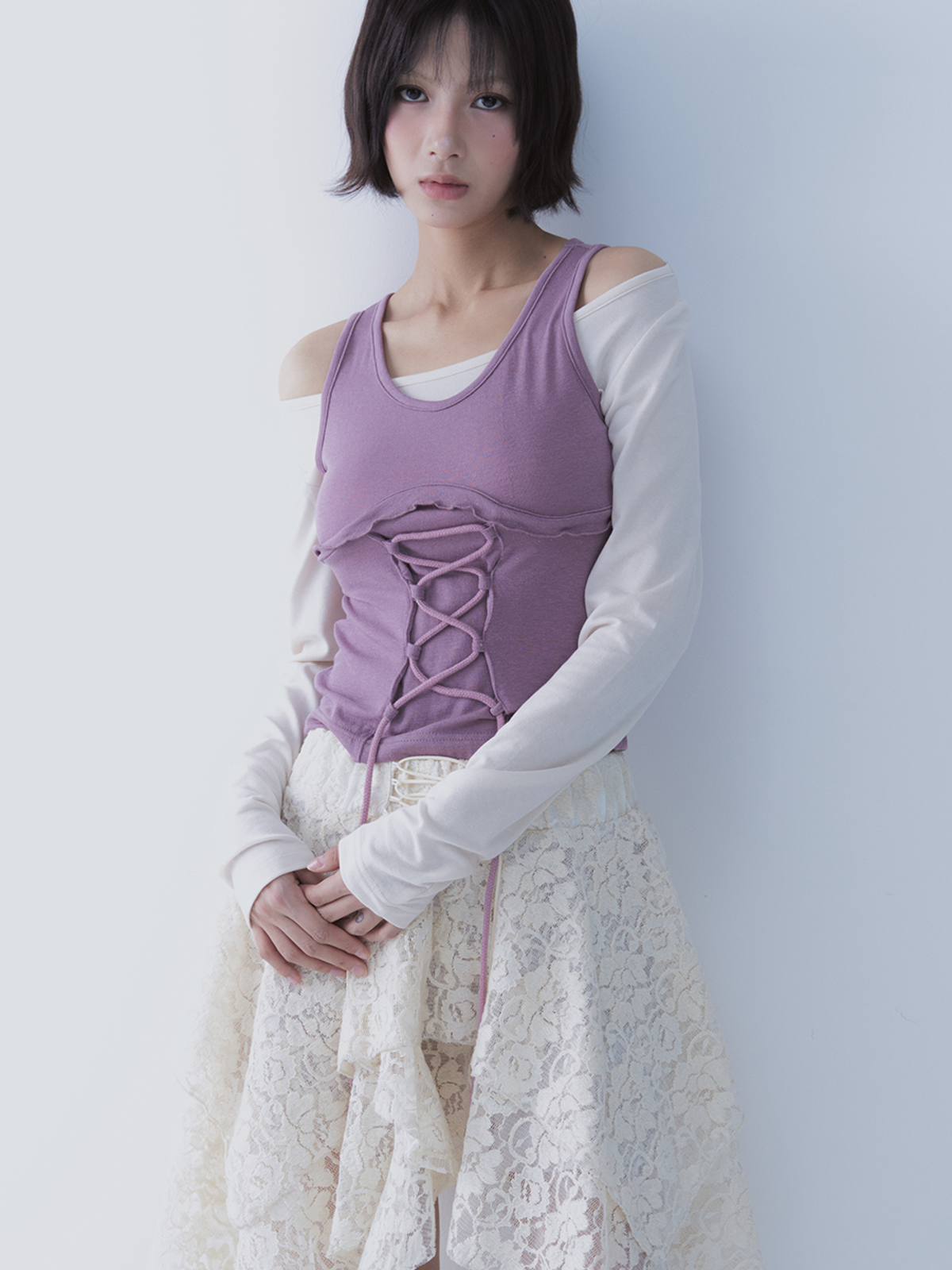 쎄쎄쎄(SETSETSET) BUSTIER LACE-UP TEE (PINK)
