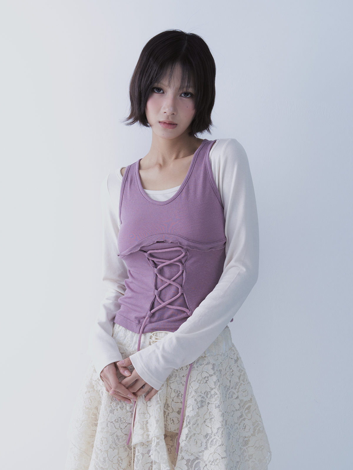 쎄쎄쎄(SETSETSET) BUSTIER LACE-UP TEE (PINK)