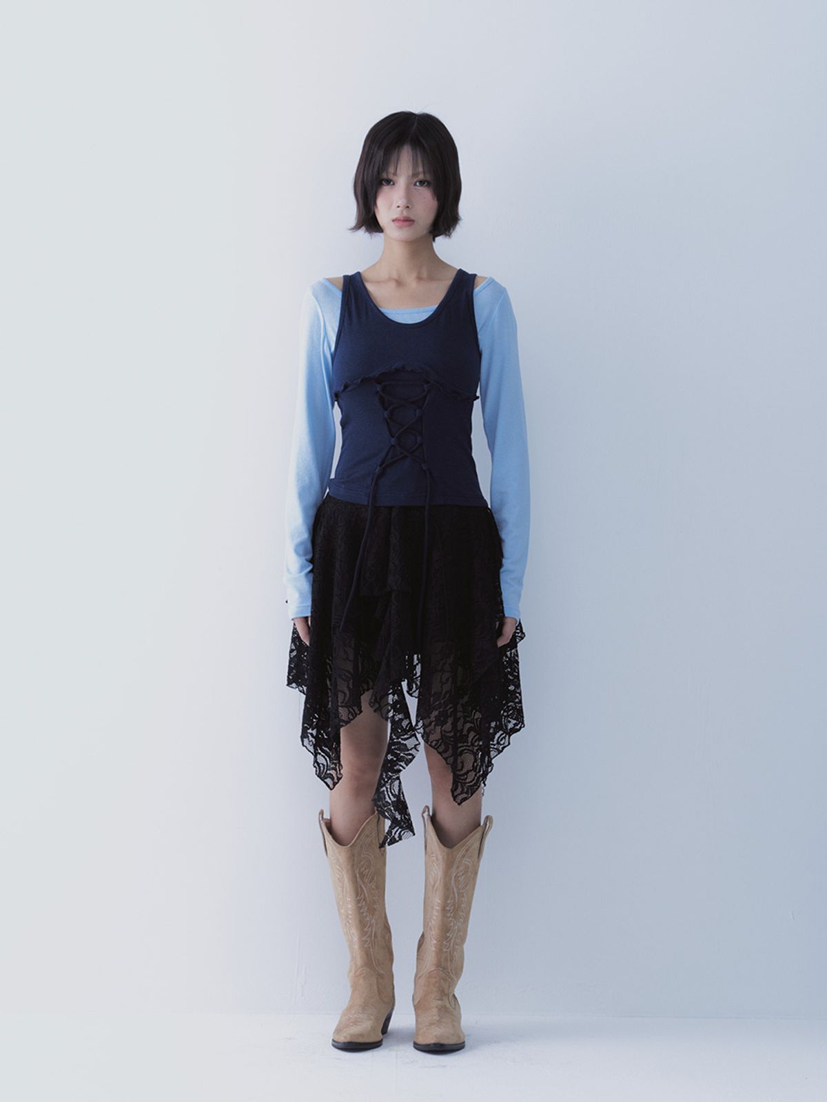 쎄쎄쎄(SETSETSET) BUSTIER LACE-UP TEE (BLUE)