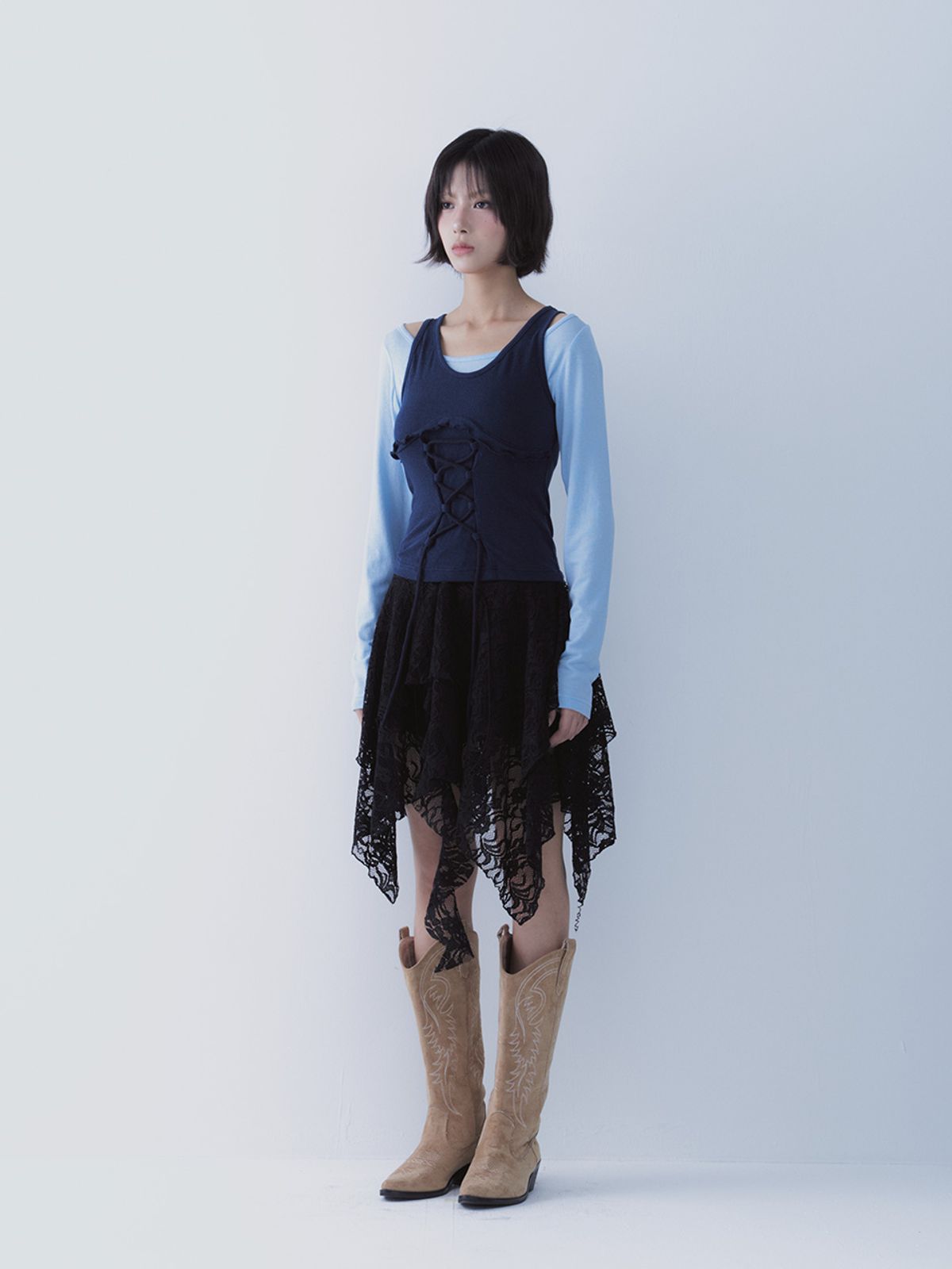 쎄쎄쎄(SETSETSET) BUSTIER LACE-UP TEE (BLUE)