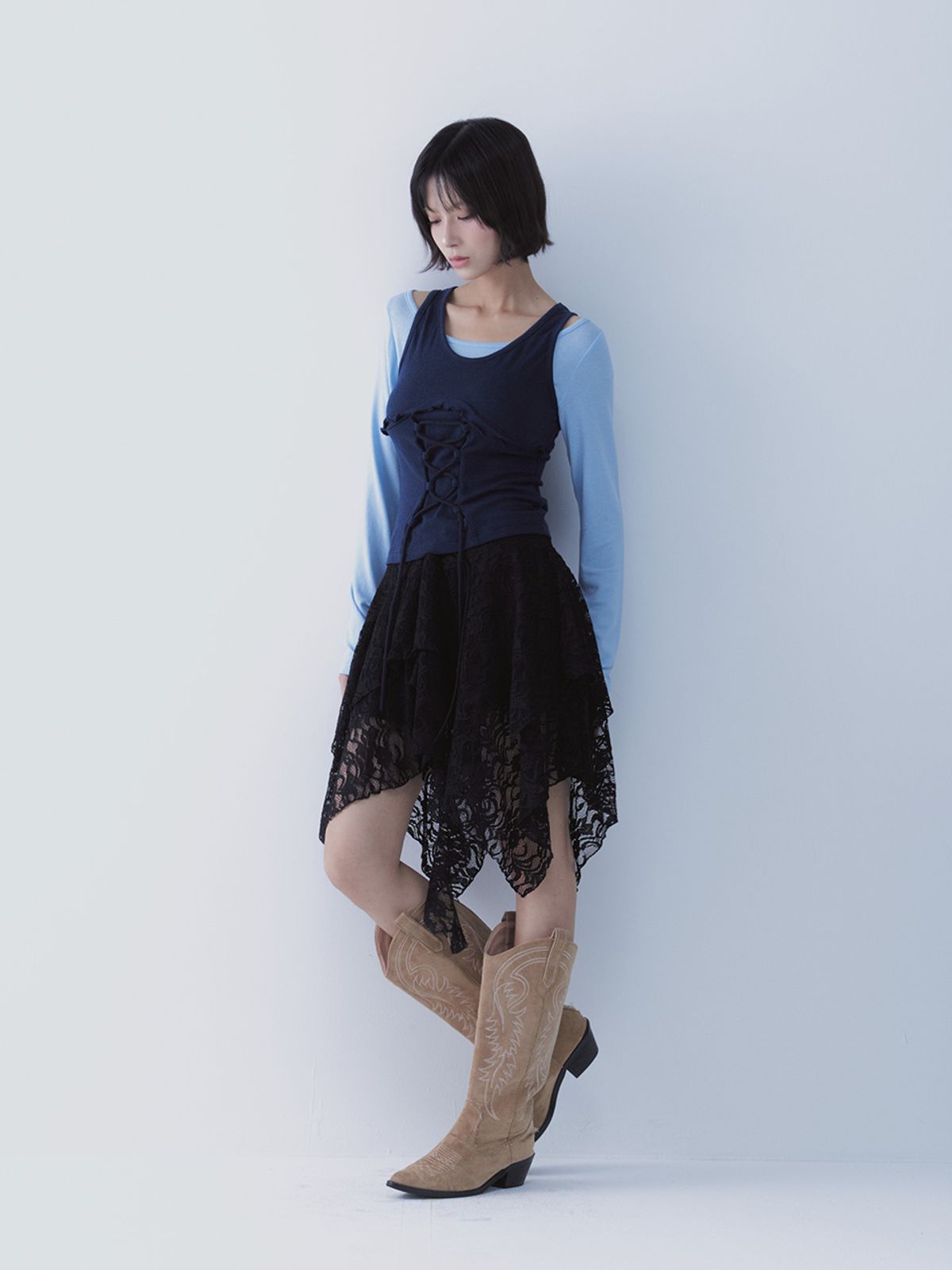 쎄쎄쎄(SETSETSET) BUSTIER LACE-UP TEE (BLUE)