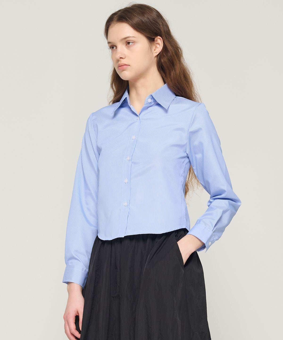 카고브로스 포 우먼(CARGOBROS FOR WOMAN) 스트라이프 크롭 긴팔셔츠 (블루)