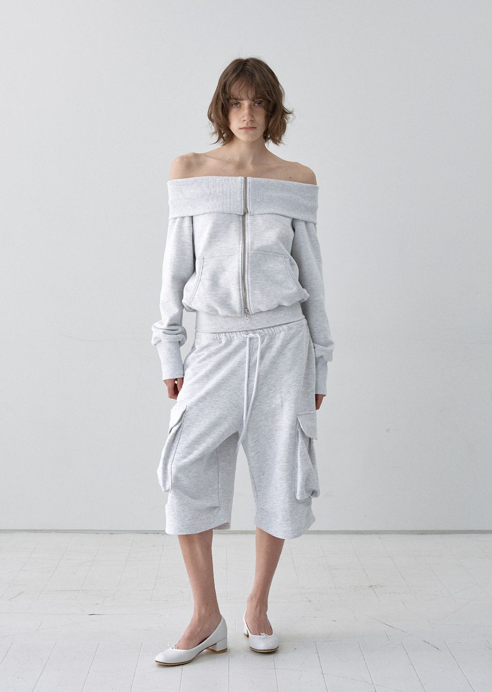 MUSINSA | s/e/o FOLDOVER OFF-SHOULDER ZIP-UP MELANGE GRAY