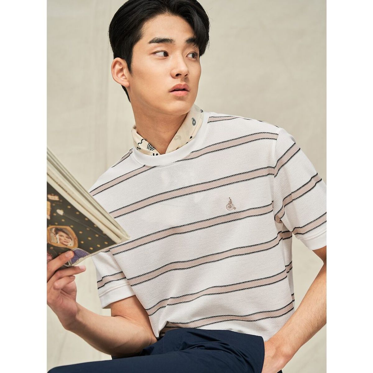 빈폴 멘(BEANPOLE MEN) 빅허니콤 스트라이프 반소매 티셔츠  아이보리