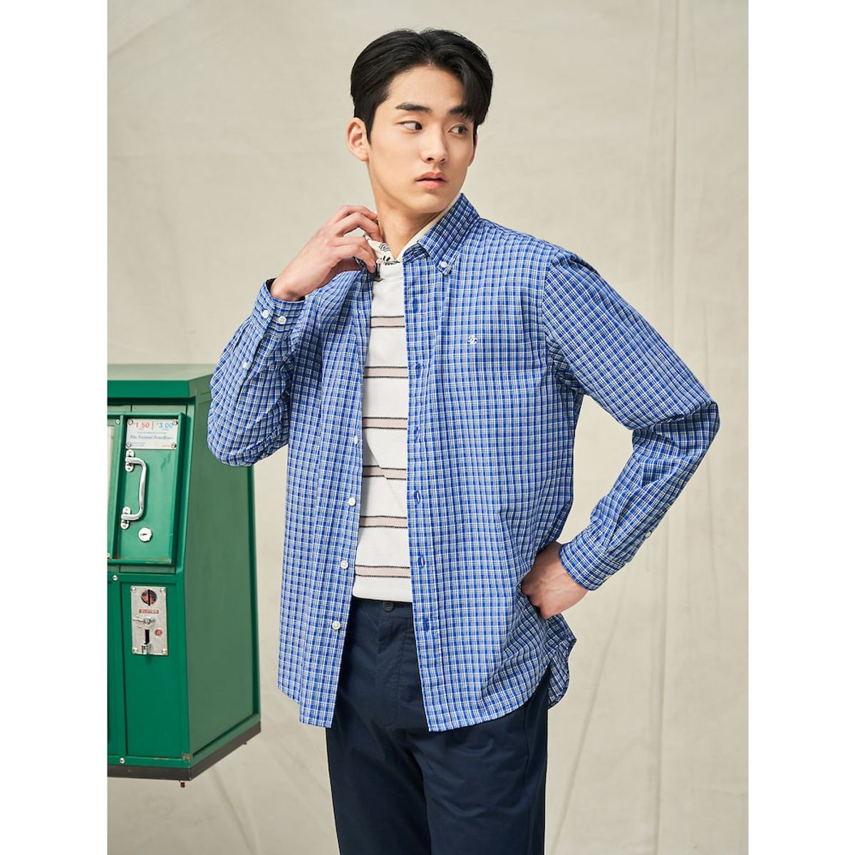 빈폴 멘(BEANPOLE MEN) 그리드 스몰 체크 셔츠  블루