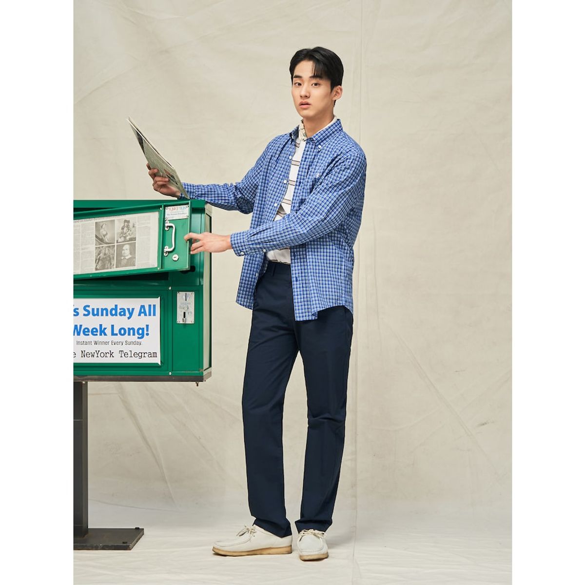 빈폴 멘(BEANPOLE MEN) 그리드 스몰 체크 셔츠  블루