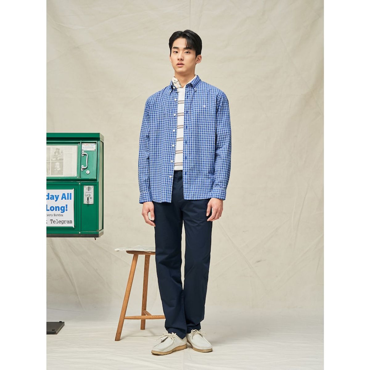 빈폴 멘(BEANPOLE MEN) 그리드 스몰 체크 셔츠  블루