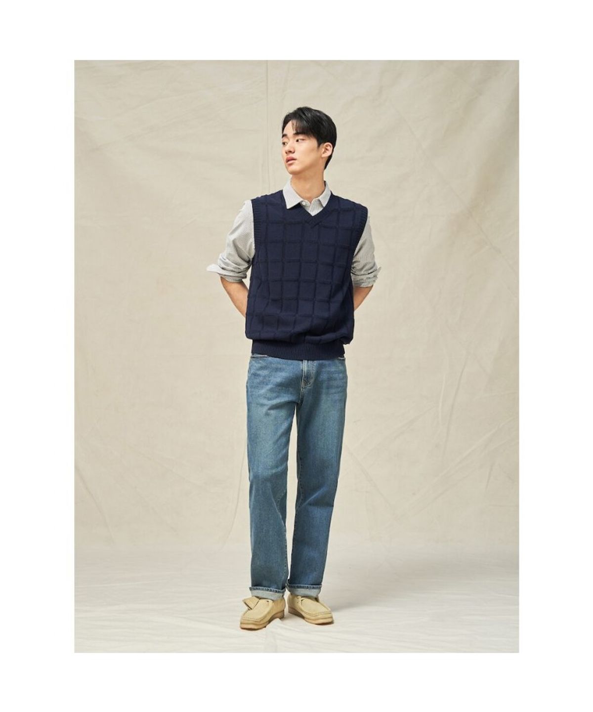 빈폴 멘(BEANPOLE MEN) 그리드 체크 베스트  네이비 (BC5351C03R)