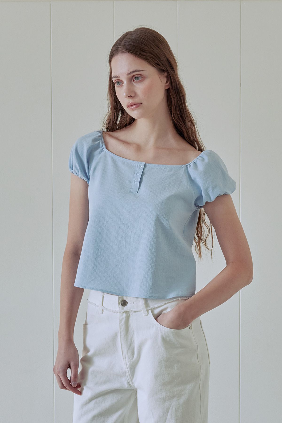 애프터아워즈(AFTERHOURS) BUTTON UP PUFF BLOUSE (BLUE)