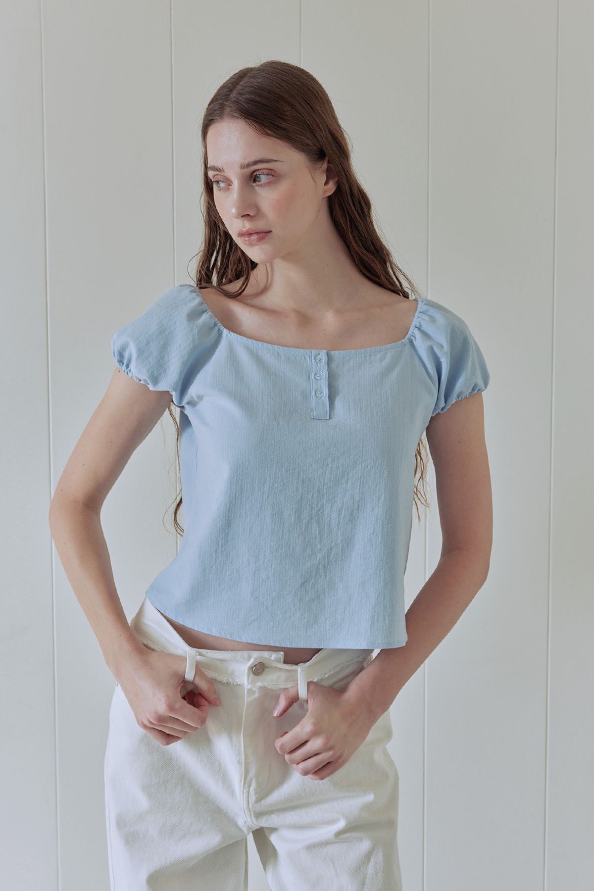 애프터아워즈(AFTERHOURS) BUTTON UP PUFF BLOUSE (BLUE)