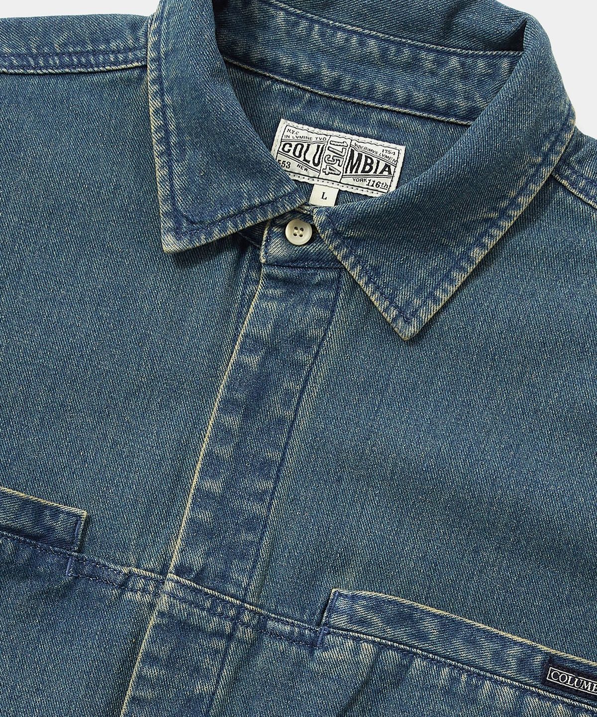 컬럼비아 유니버시티(COLUMBIA UNIVERSITY) COLUMBIA TRAJAN LABEL HIDDEN POCKET DENIM S/S SHIRTS 미드나잇데님