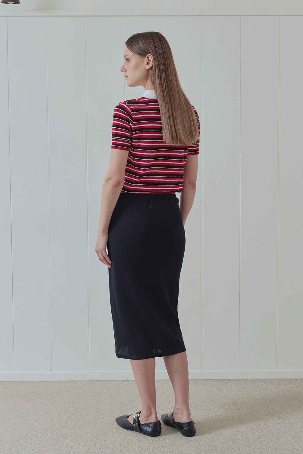 애프터아워즈(AFTERHOURS) BUTTON UP LAYERED MIDI SKIRT (BLACK)