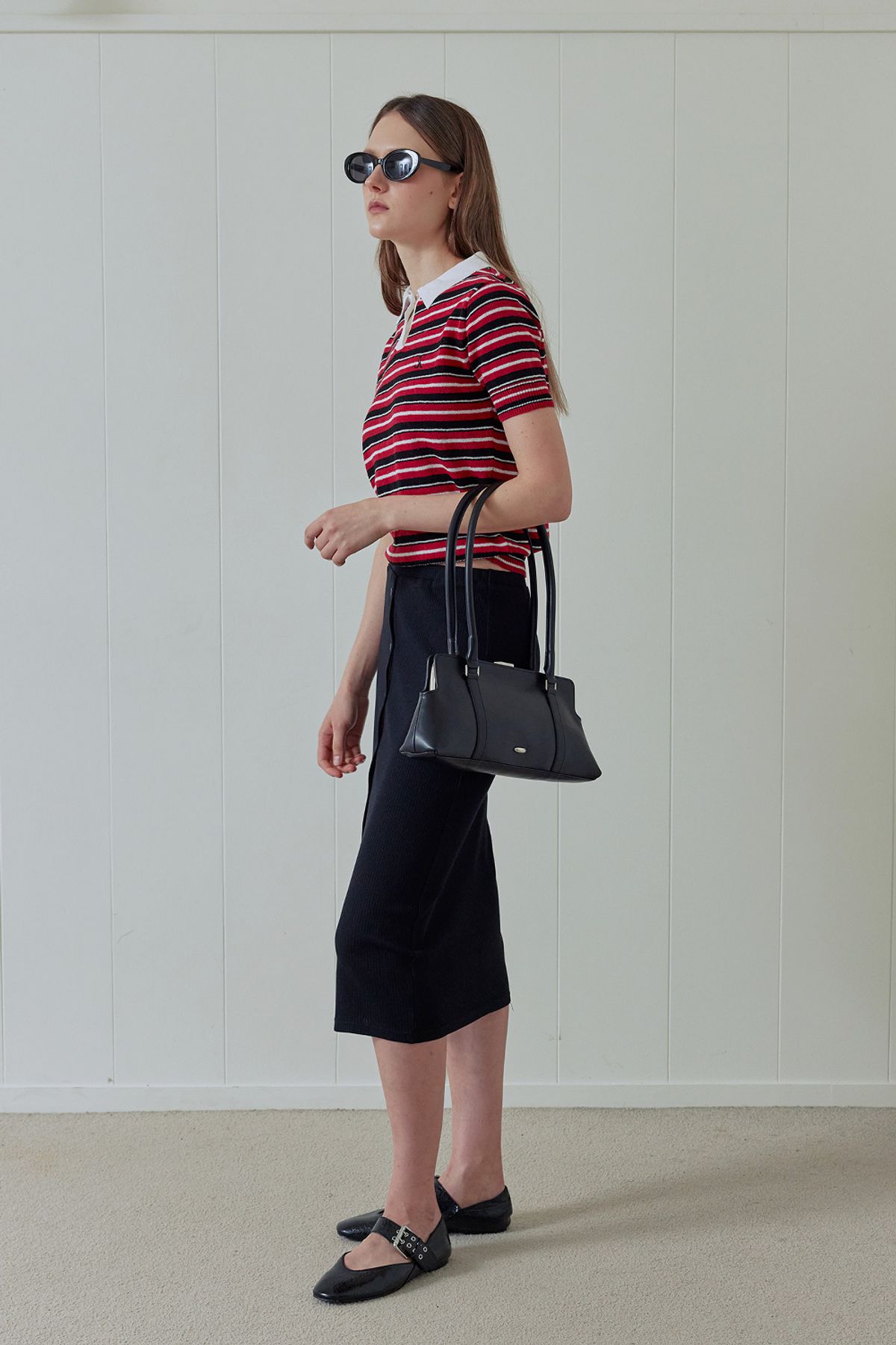 애프터아워즈(AFTERHOURS) BUTTON UP LAYERED MIDI SKIRT (BLACK)