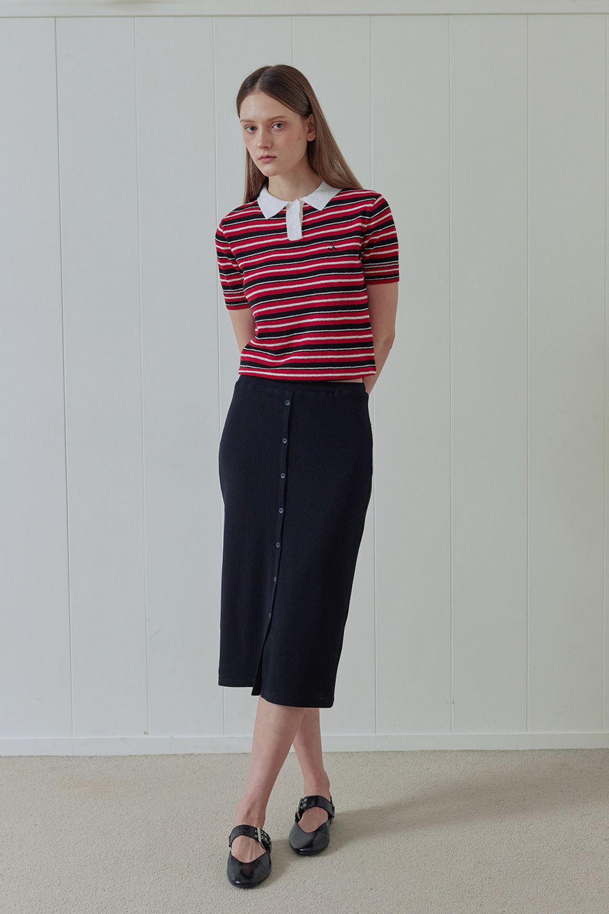 애프터아워즈(AFTERHOURS) BUTTON UP LAYERED MIDI SKIRT (BLACK)