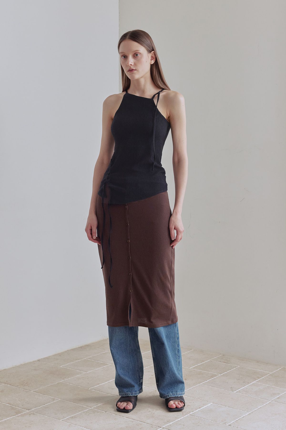 애프터아워즈(AFTERHOURS) BUTTON UP LAYERED MIDI SKIRT (BROWN)