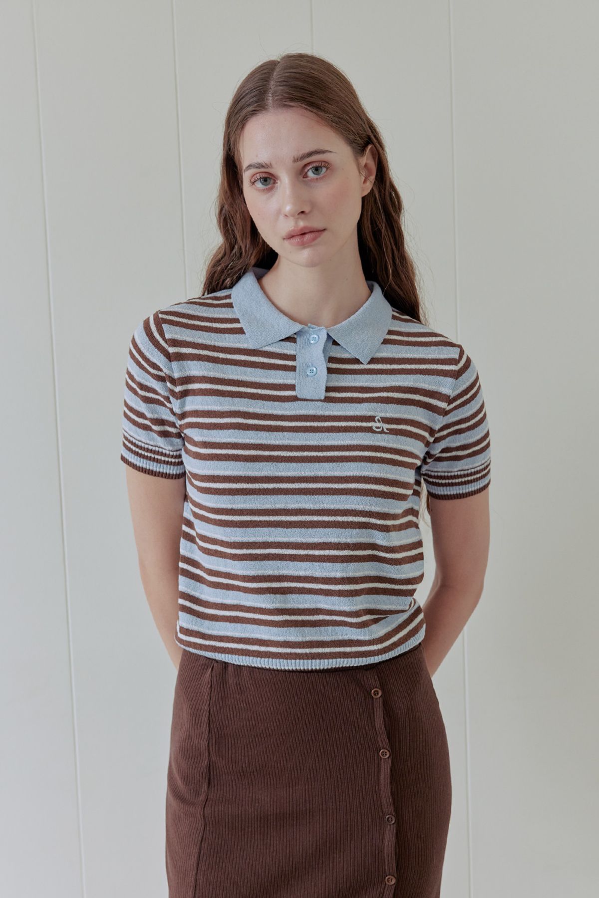 애프터아워즈(AFTERHOURS) MULTI STRIPE COLLAR KNIT (LIGHT BLUE)