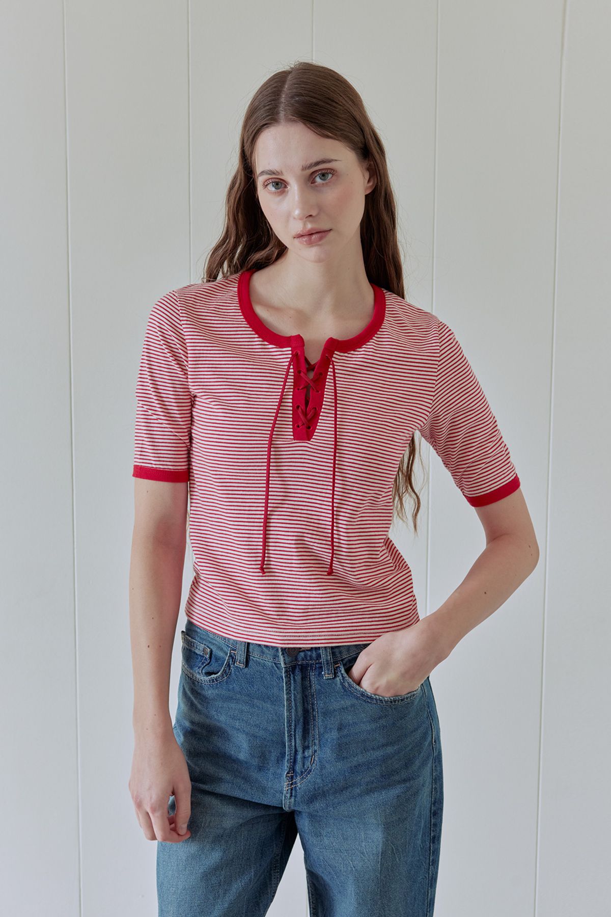애프터아워즈(AFTERHOURS) STRIPE LACE-UP TOP (RED)