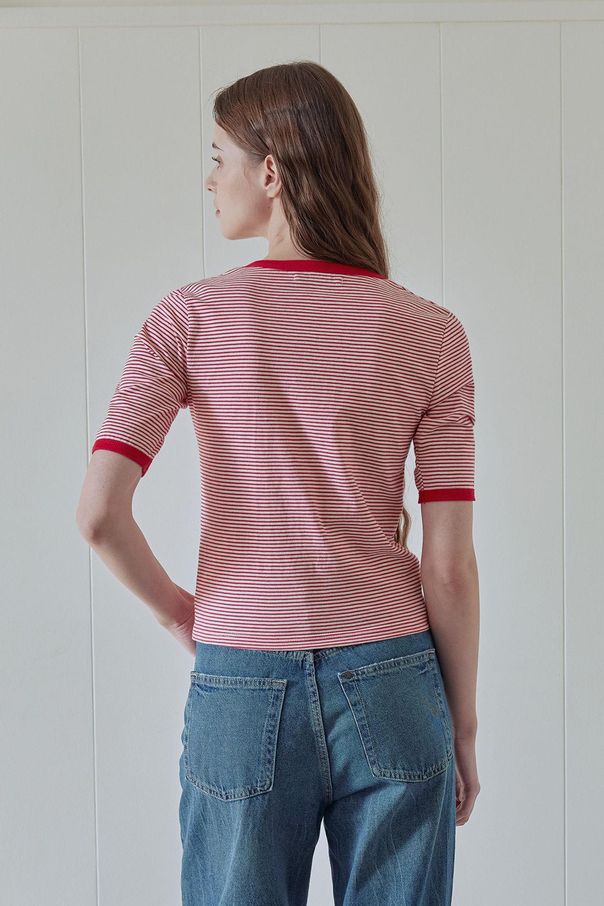 애프터아워즈(AFTERHOURS) STRIPE LACE-UP TOP (RED)