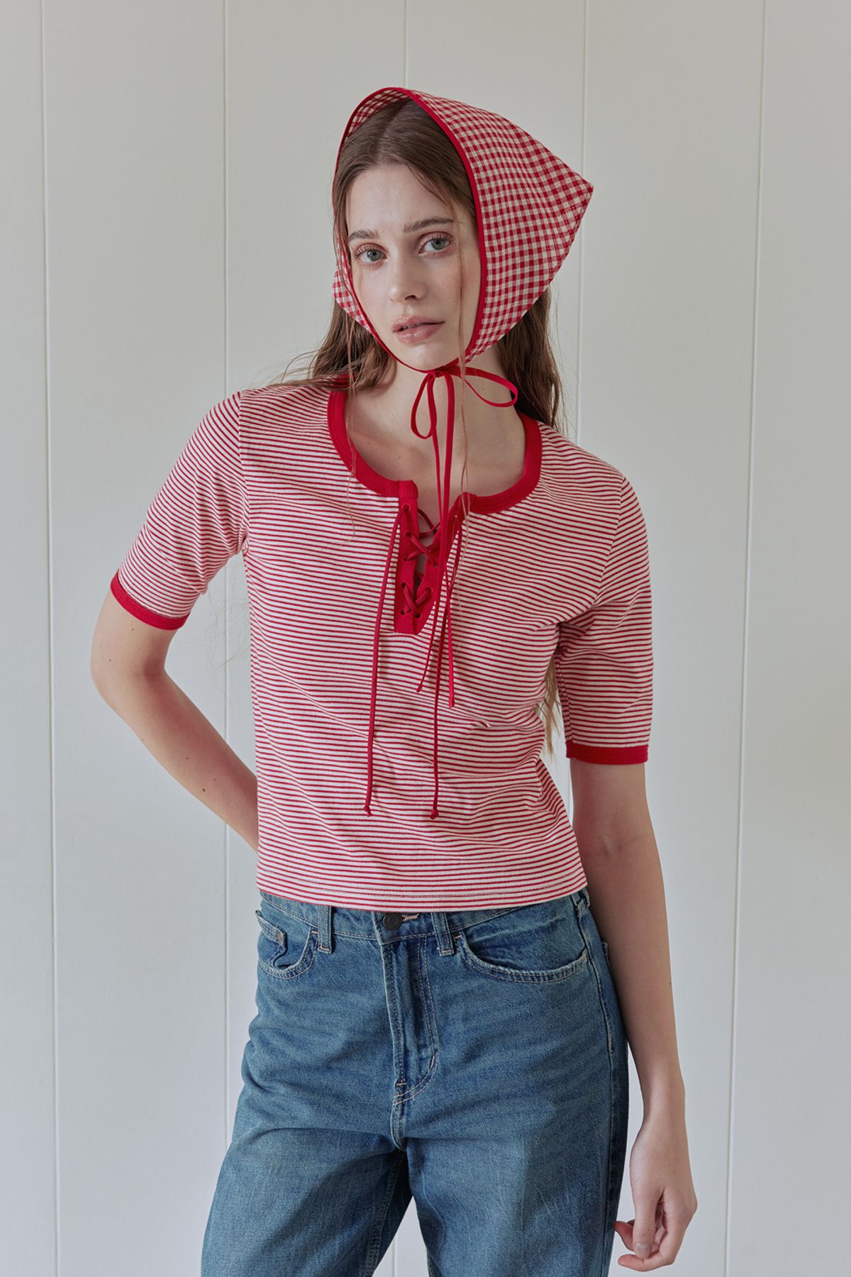 애프터아워즈(AFTERHOURS) STRIPE LACE-UP TOP (RED)