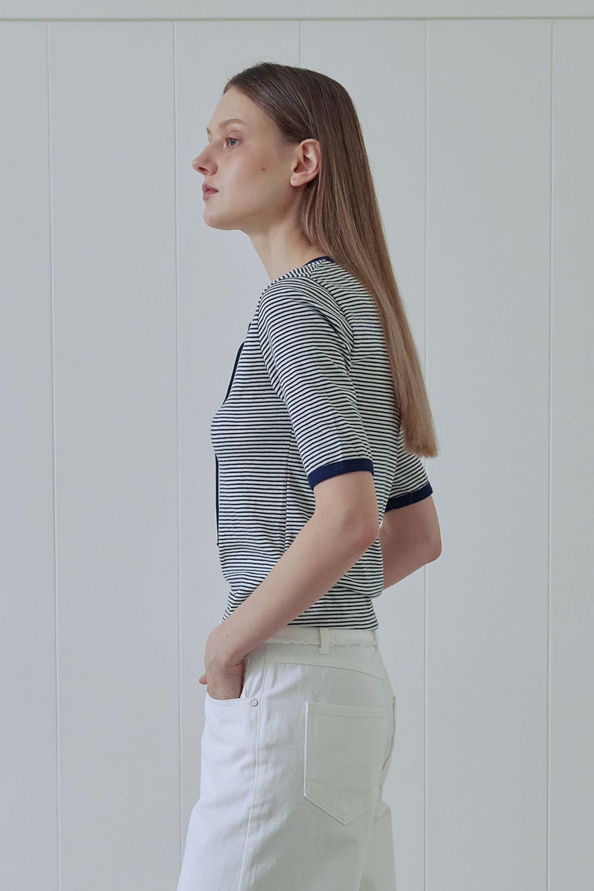 애프터아워즈(AFTERHOURS) STRIPE LACE-UP TOP (NAVY)