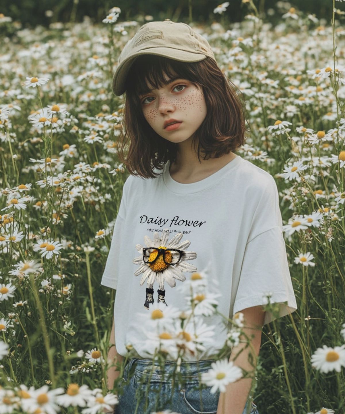 원헌드레드퍼센트 포 우먼(ONEHUNDREDPERCENT FOR WOMAN) OHPxHARMONIA 안경쓴데이지 세미오버 반팔티