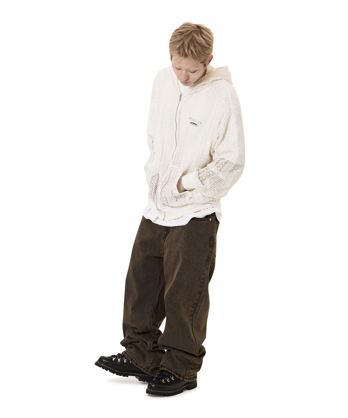오픈야드(오와이)(OPENYARD(OY)) LOGO CROCHET HOODIE ZIP UP - IVORY