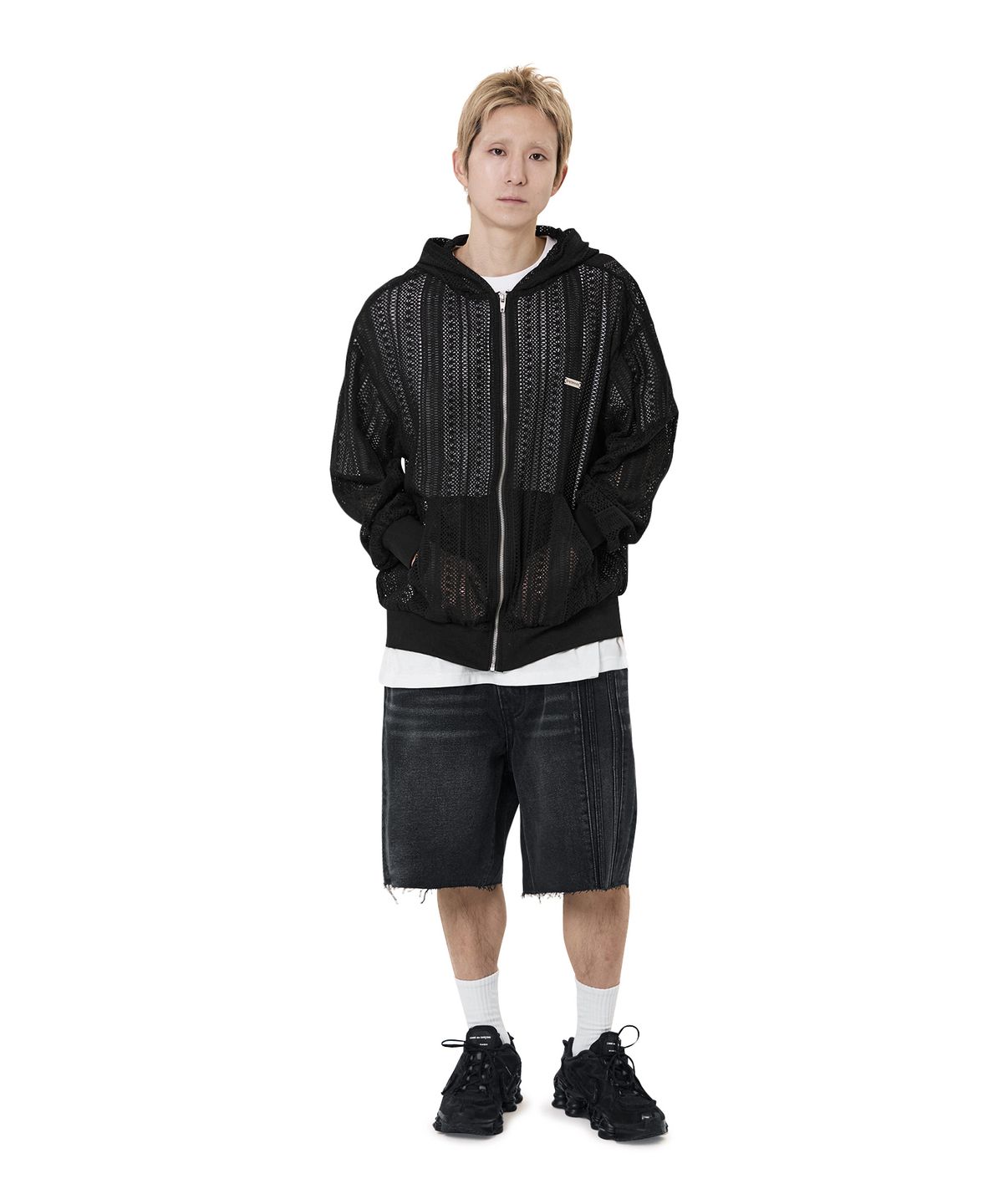 오픈야드(오와이)(OPENYARD(OY)) LOGO CROCHET HOODIE ZIP UP - BLACK