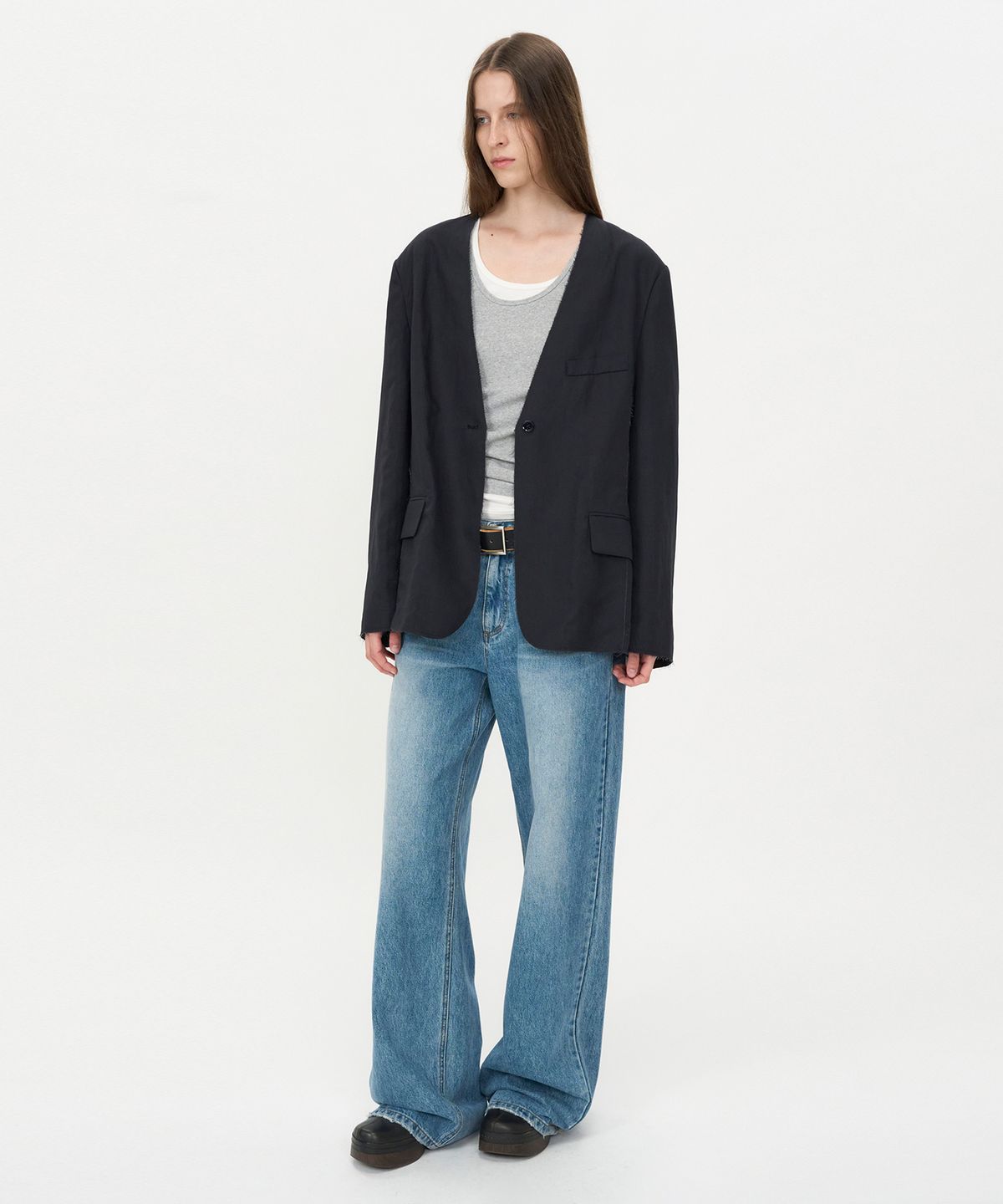 인사일런스 우먼(INSILENCE WOMEN) 린넨 컷오프 자켓 WASHED BLACK