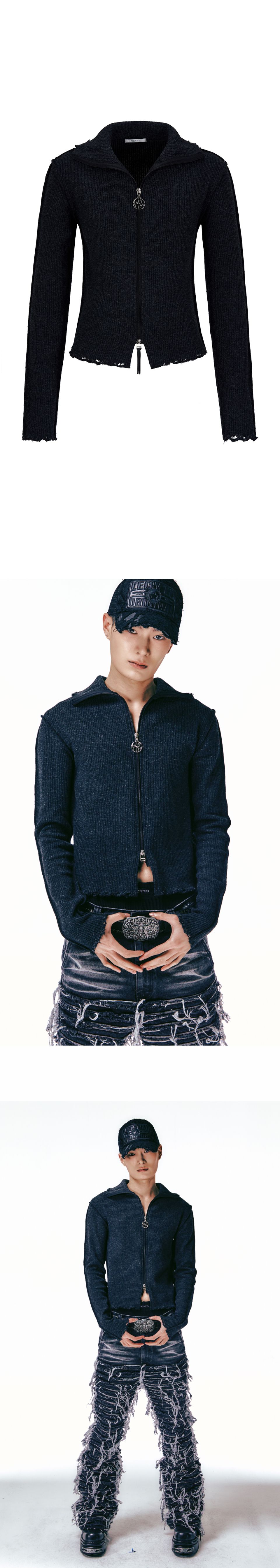 MUSINSA公式 | LECYTO Destroyed Lip Knit Zip-Up_[Charcoal]
