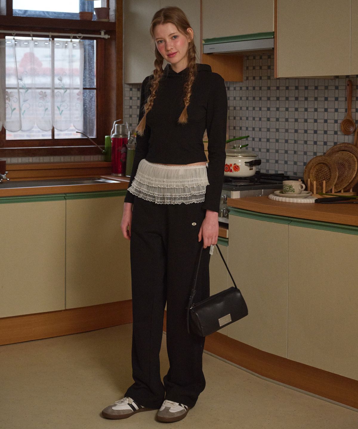 로시로우(LOSSYROW) Needle Stitch Cotton Pants Black