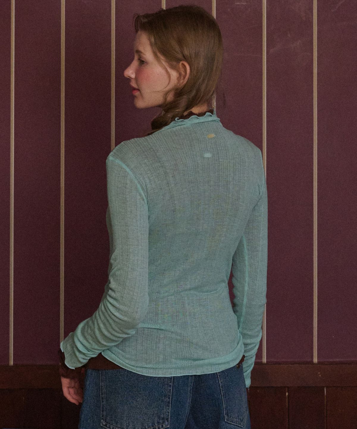 로시로우(LOSSYROW) Wave Stitch Half-Neck Long Sleeve Emerald mint
