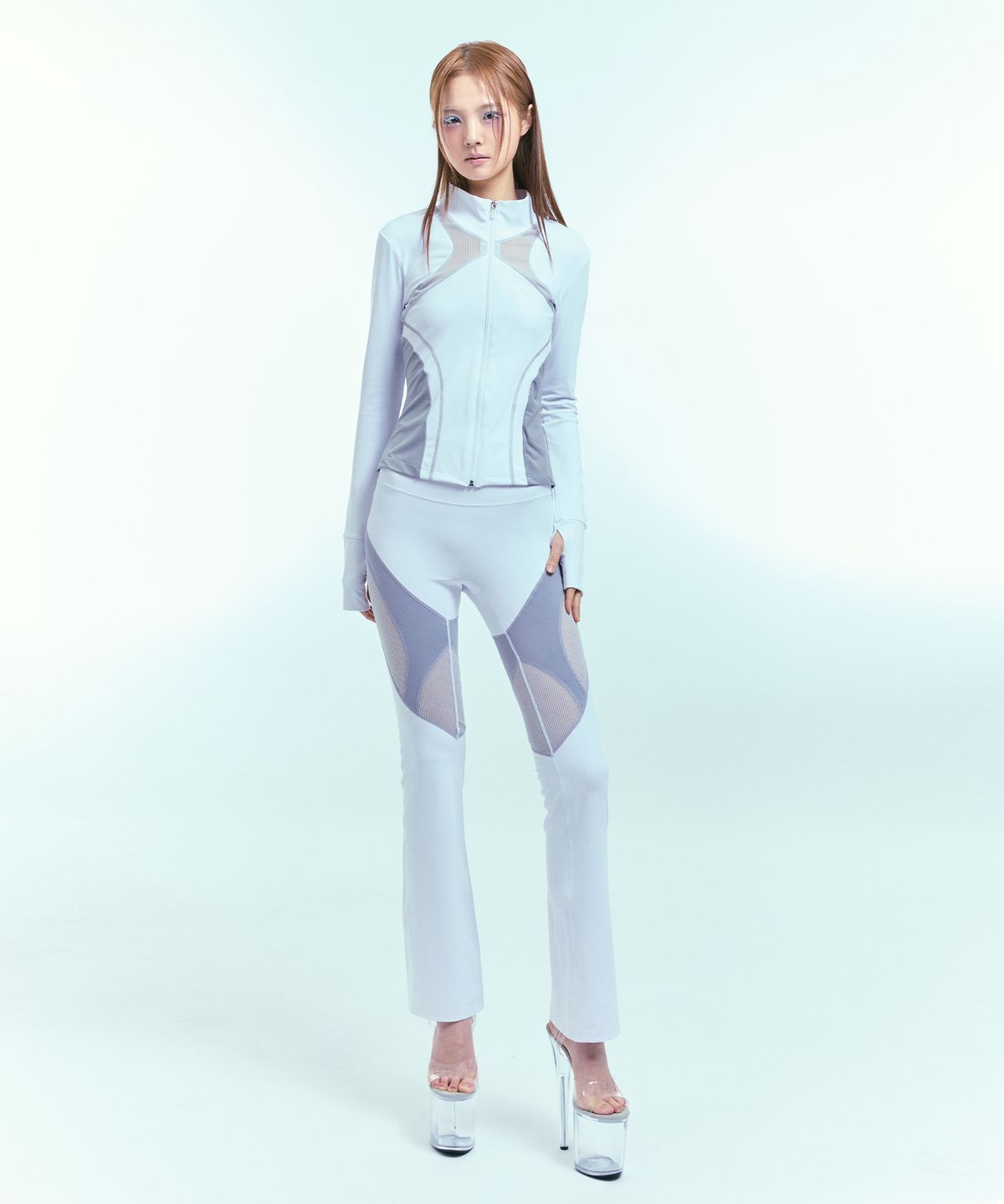 플라스미드(PLAS+MID) 일루젼 라인 매쉬 컷팅 플레어 팬츠 (아이시 화이트)