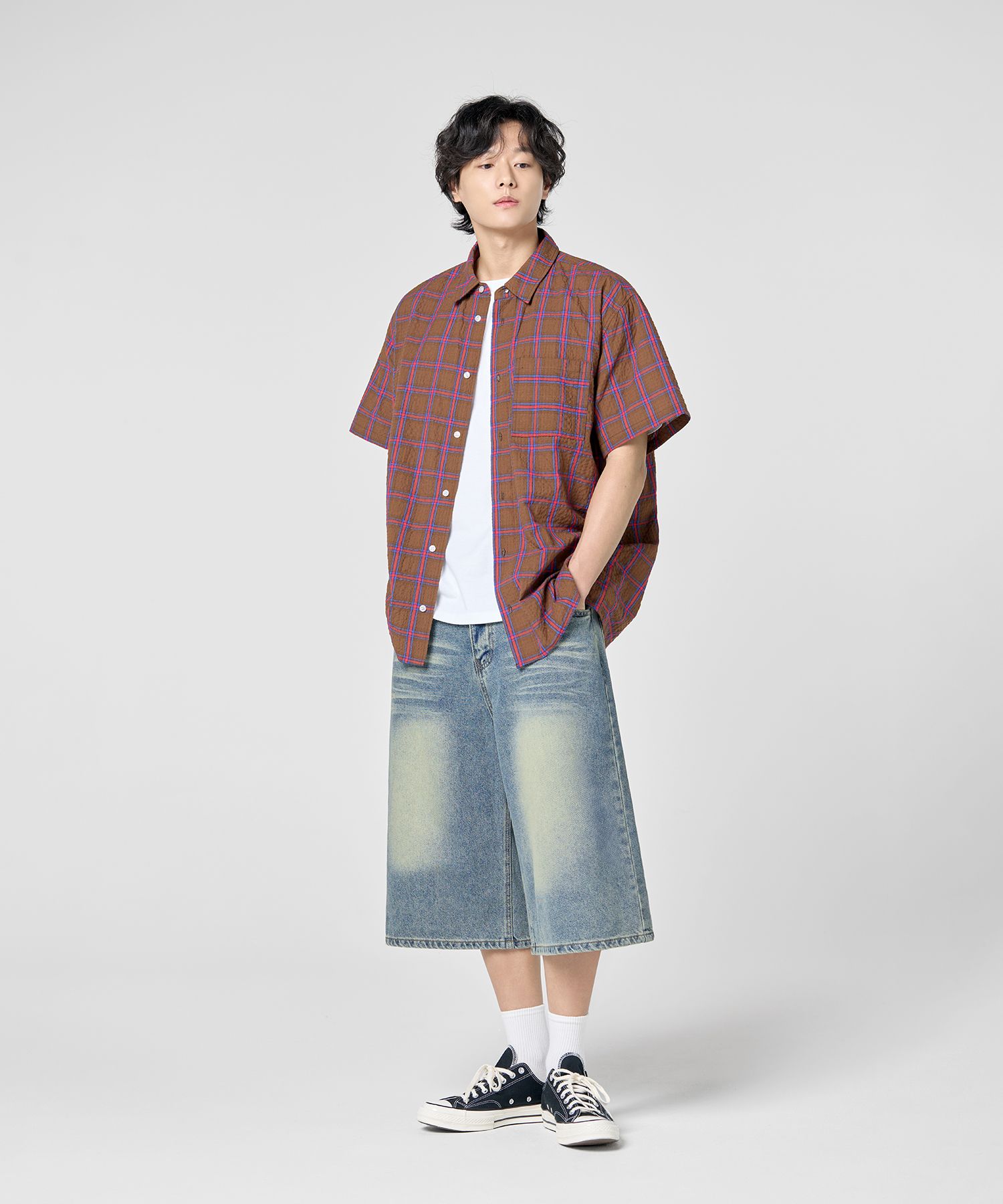 【BAON】Vintage Cat Washing Banding Bermuda Denim Cargo PT MUSINSA | AGOD Vintage Catbrush Denim Bermuda Shorts [Sand Blue]