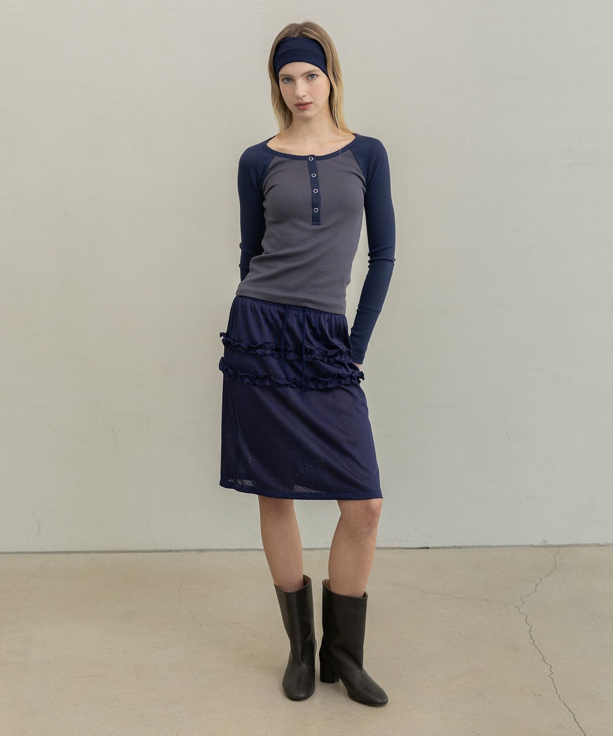 포에브(POEV) Mesh Frill Midi Skirt - Navy
