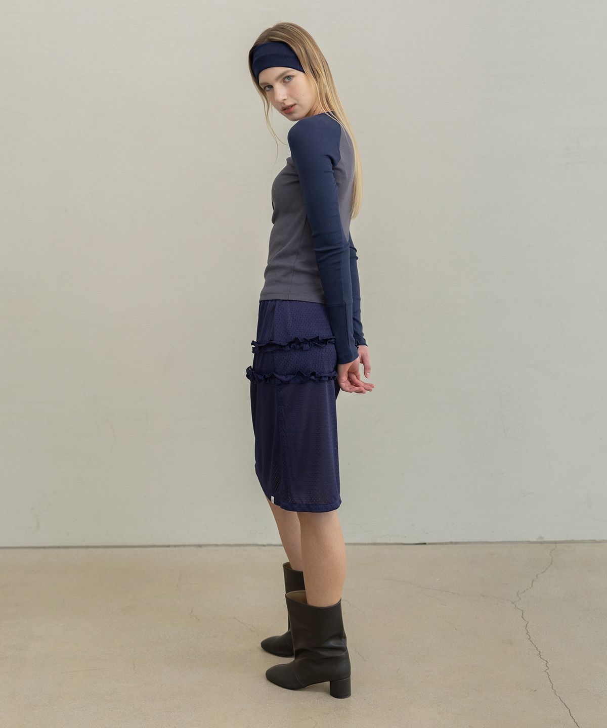 포에브(POEV) Mesh Frill Midi Skirt - Navy
