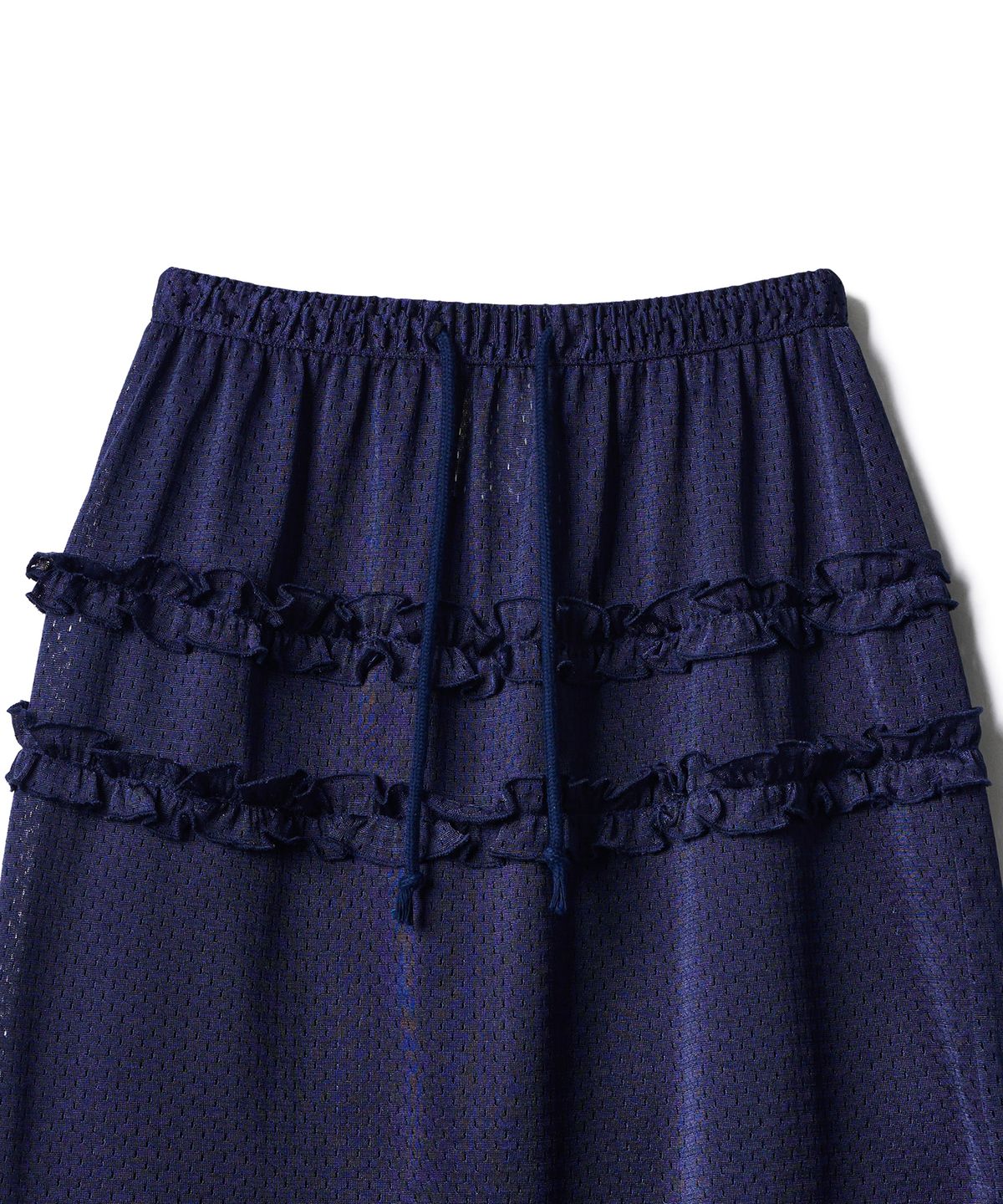 포에브(POEV) Mesh Frill Midi Skirt - Navy