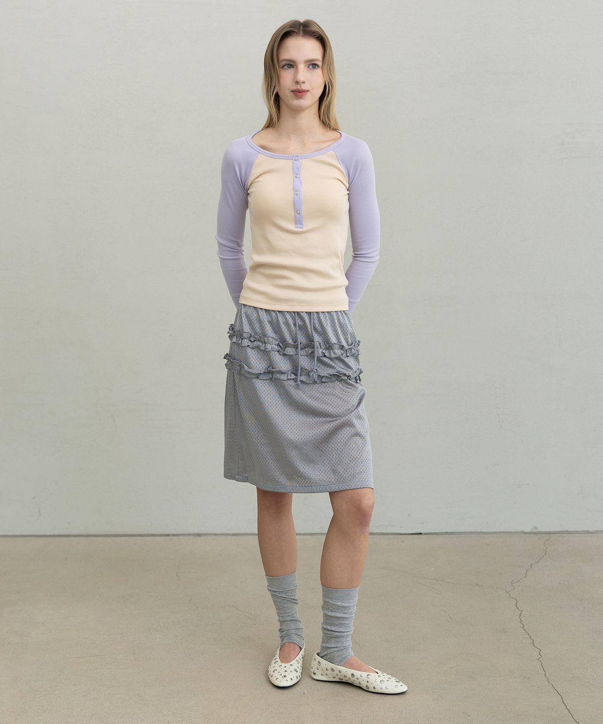 포에브(POEV) Mesh Frill Midi Skirt - Silver