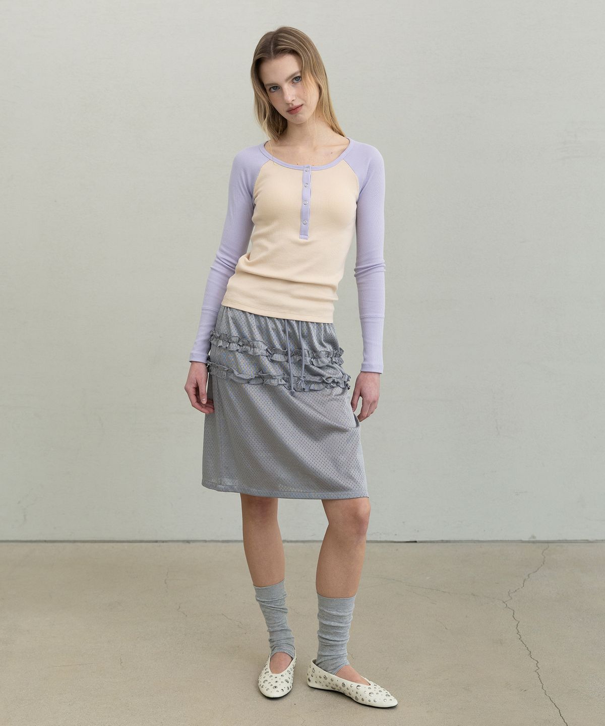 포에브(POEV) Mesh Frill Midi Skirt - Silver