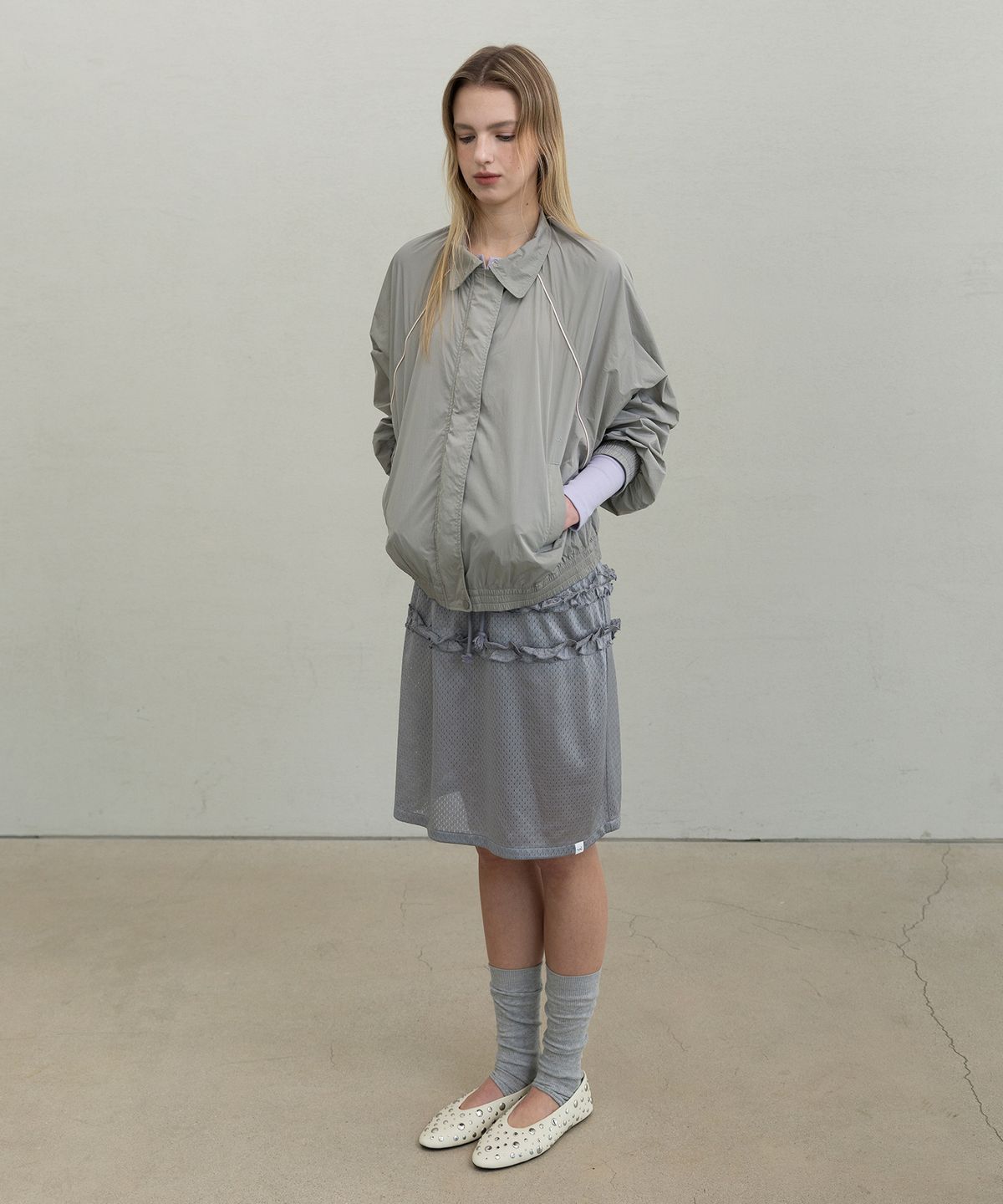 포에브(POEV) Mesh Frill Midi Skirt - Silver