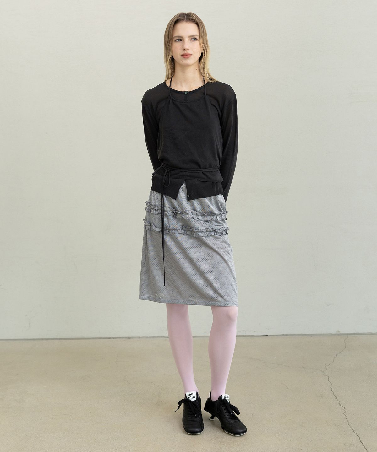 포에브(POEV) Mesh Frill Midi Skirt - Silver